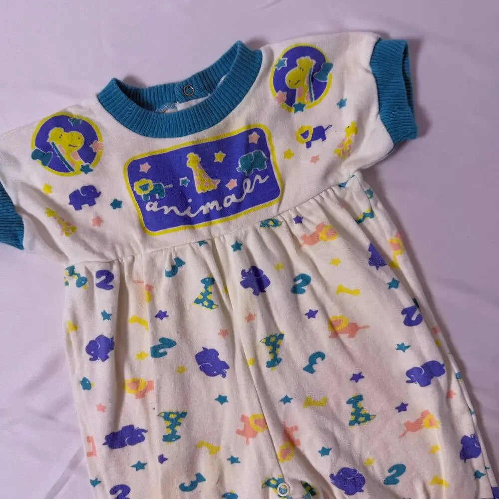Vintage 80s Oneita's Kids Animals & Numbers 100% Cotton Romper Sz 6 mo